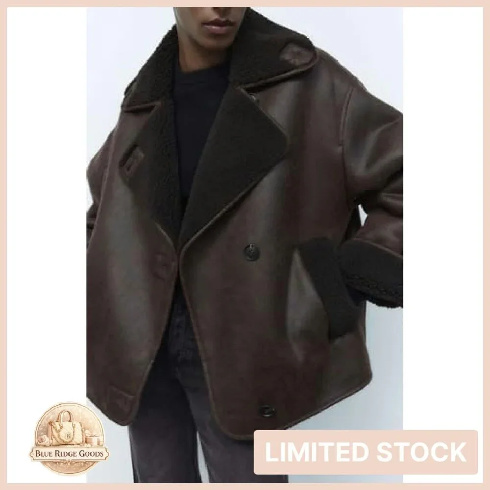 Sherpa Lined Faux Leather Jacket Oversized Motorcycle Style Winter Chic
